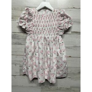 Cecil and Lou Smocked Dress Girls 4T White Pink Floral Ruffle EUC
